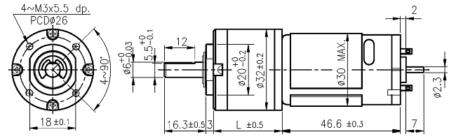 Rozměry DC motoru s planetovou převodovkou série PG321