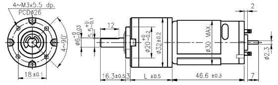 Rozměry DC motoru s planetovou převodovkou série PG321