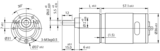 Rozměry DC motoru s čelní převodovkou série SG371