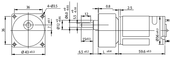 Rozměry DC motoru s čelní převodovkou série SGS430