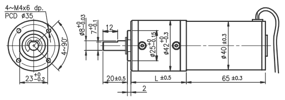 Rozměry DC motoru s planetovou převodovkou série PG421