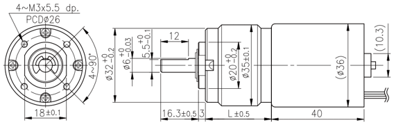 Rozměry BLDC motoru s planetovou převodovkou série PG359